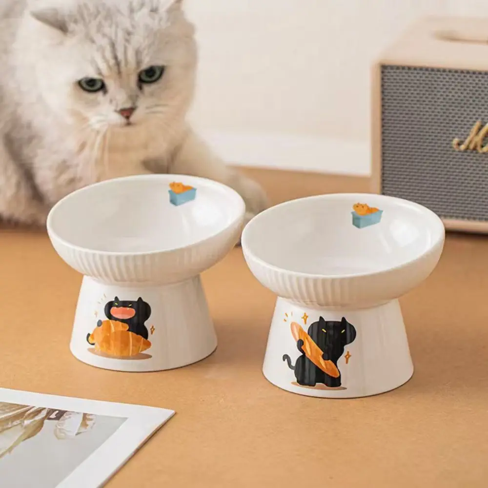 Cute Ceramic Cat Bowl Slanted/Flat Mouth Anti Tipping Pet High Foot Bowl Large Capacity Non-slip Pet Drinking Feeder