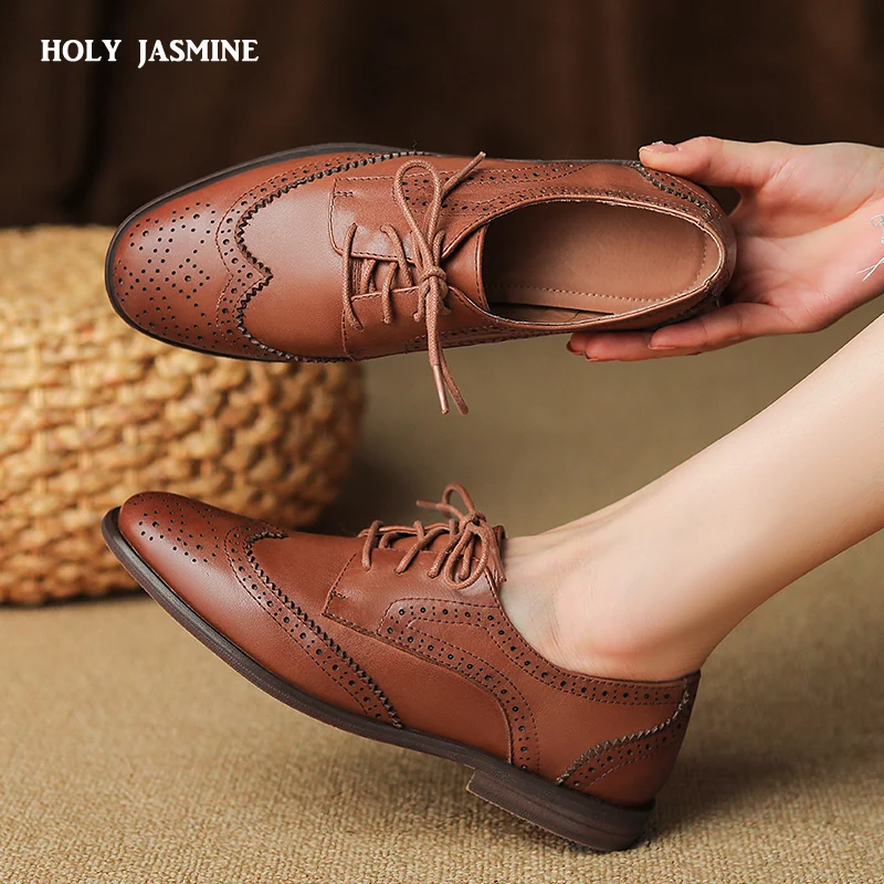 Women Oxford Low Heel 2023 Spring Shoes for Woman Genuine Leather Brogues Vintage Lace Up Loafers Casual Black Brown Girls Shoes