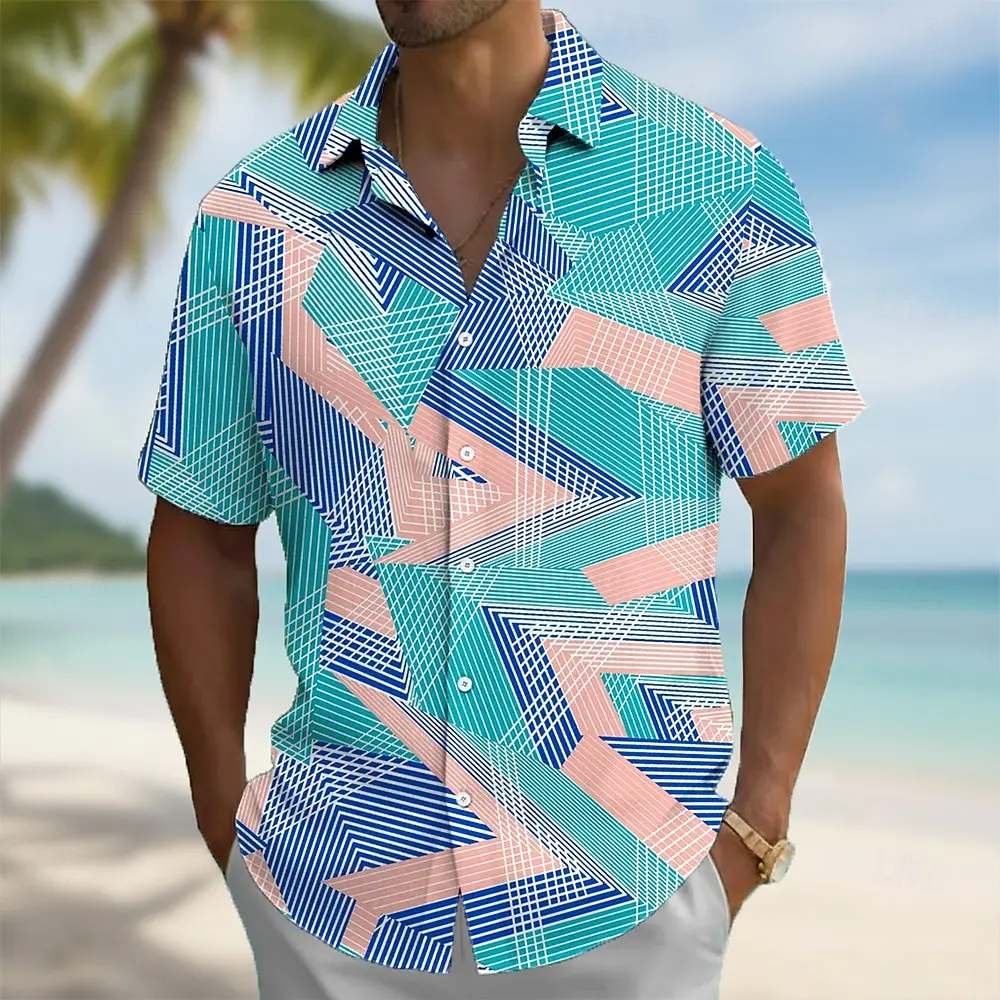 

Men's Geometric Pattern Line Abstract Art Shirt Button Up Shirt Casual Dress Shirt Short Sleeve Fashion Casual Vacation Summer