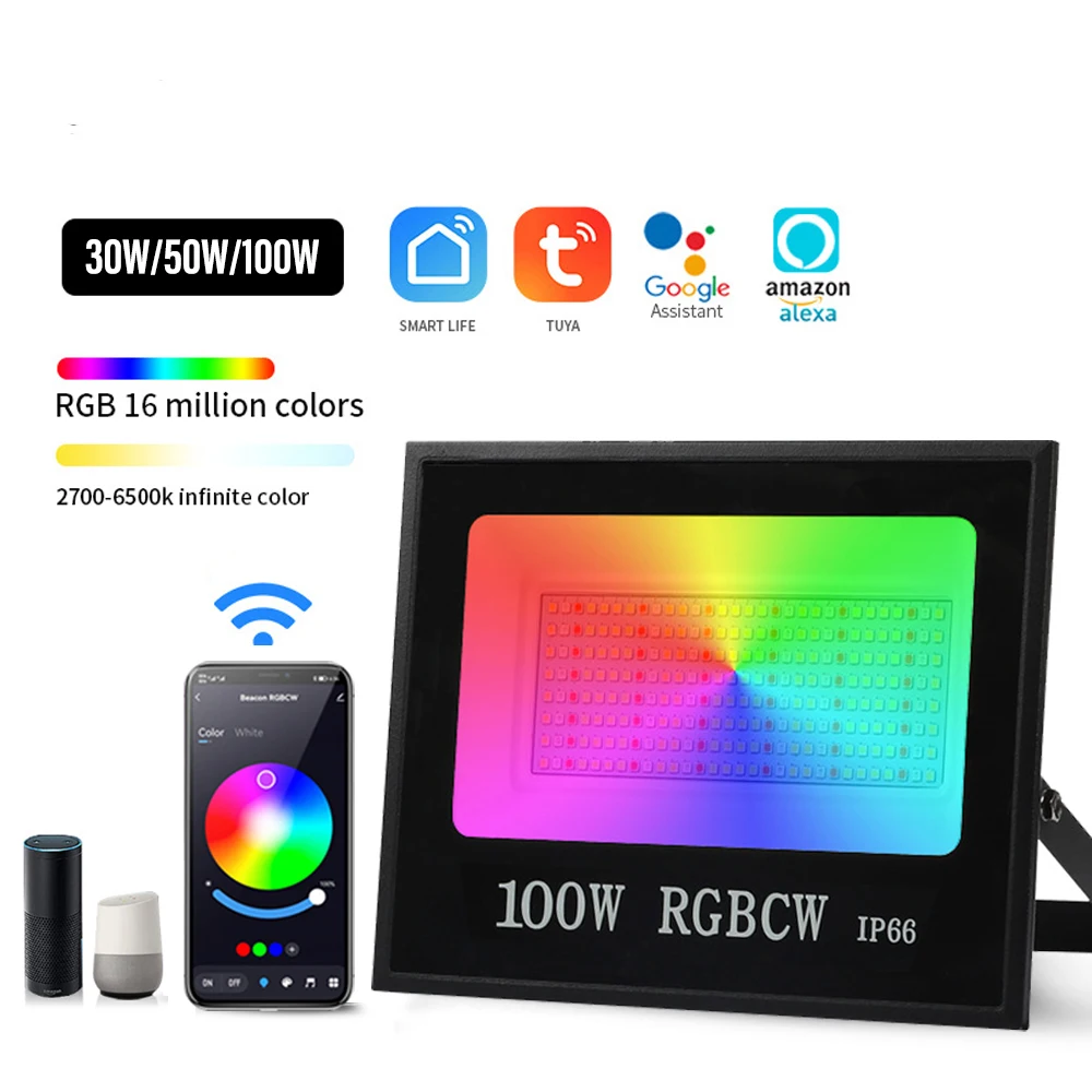 

RGB Floodlight Smart APP Voice Control RGBCW 2700-6500K 30W 50W 100W 265V AC For Garden Party Outdoor Lighting