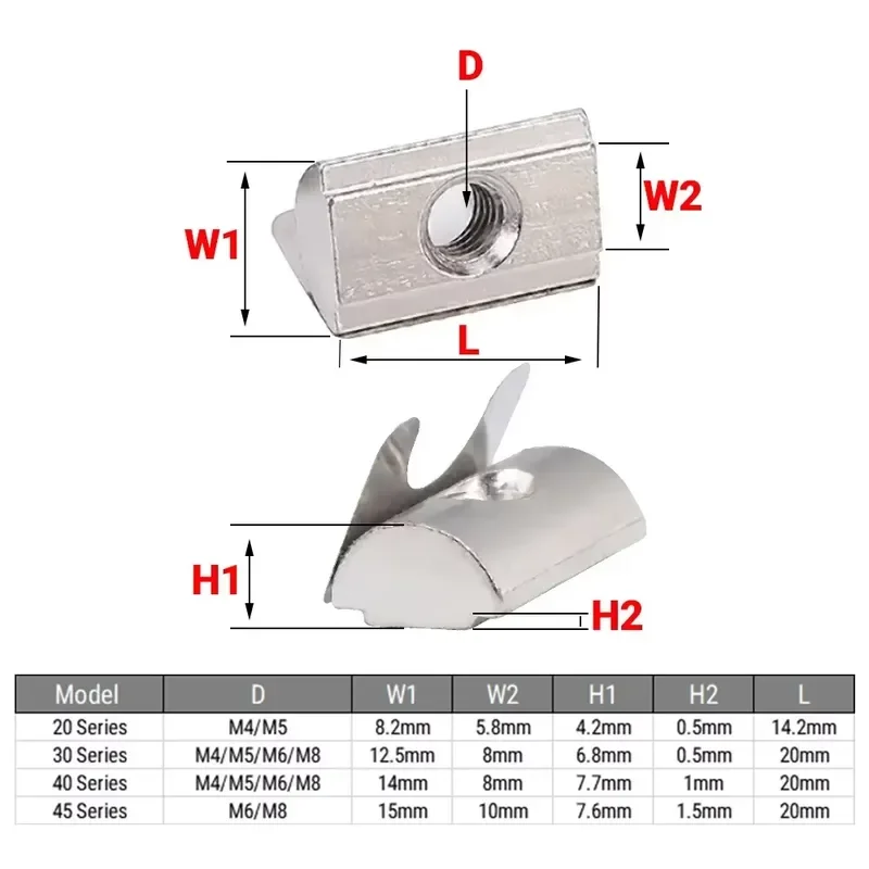 50Pcs Shrapnel Nut M4 M5 M6 M8 Block Elastic Nut Shrapnel T Shape Block Sliding Nut For 20/30/40/45 Series EU Aluminum