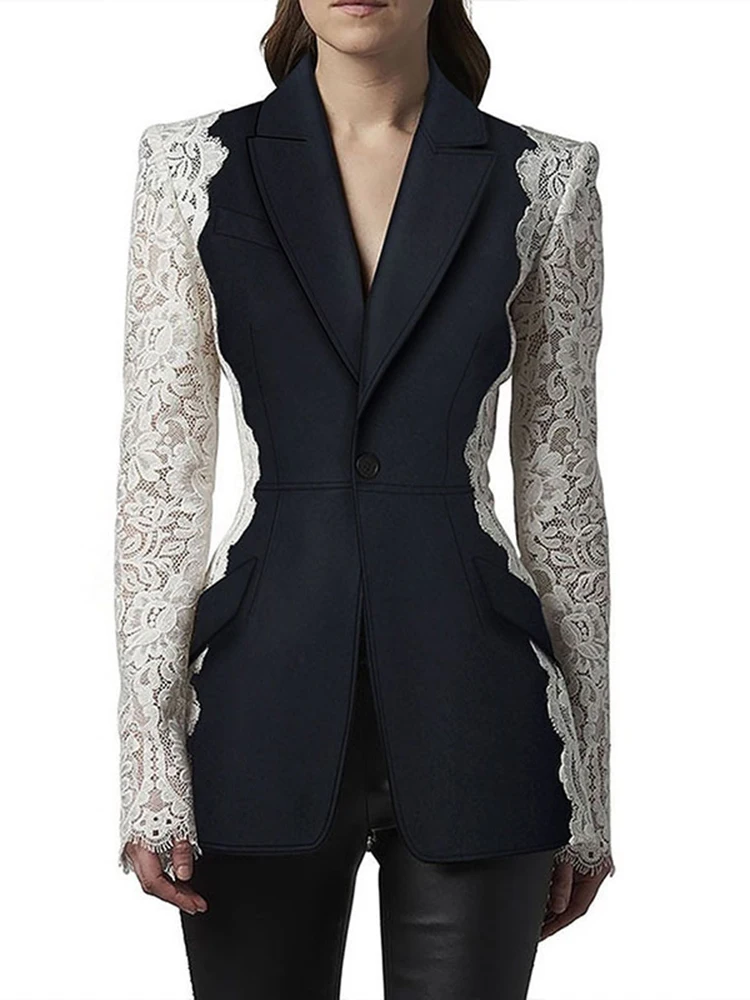 DEAT Fashion Women's Blazer New Fashion Notched Lace Patchwork Long Sleeve Contrast Suit Jackets Female Spring 2025 17A1298