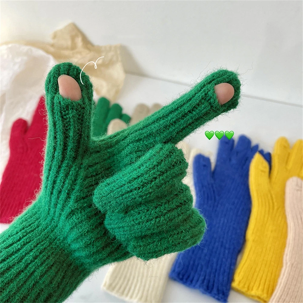 

1Pair Knitted Woolen Couple Gloves Winter Solid Color Full Finger Mittens Hand Warmer Men Women Gloves Thicken Cycling Gloves