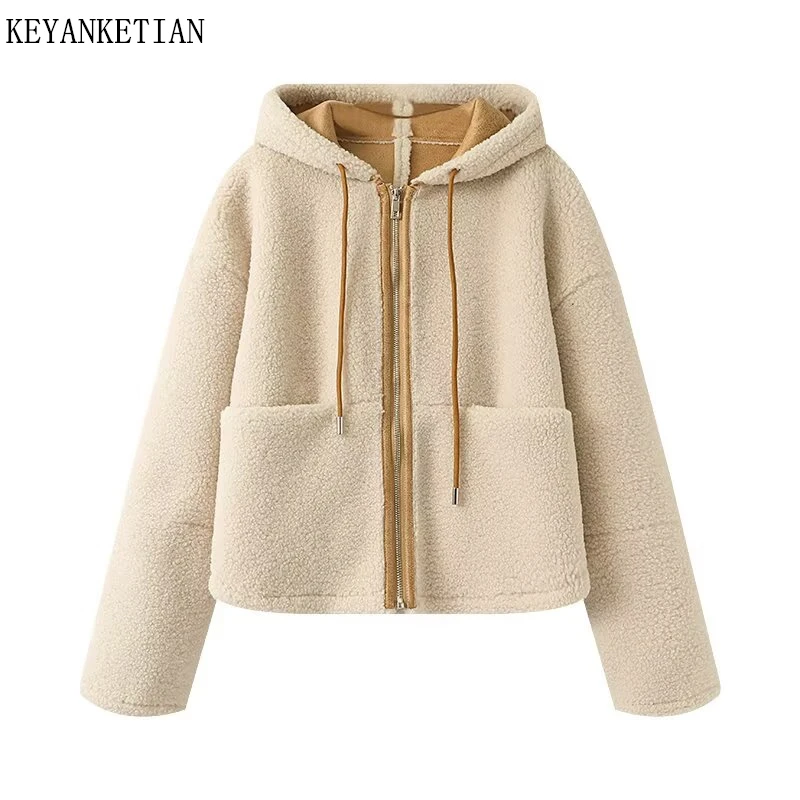 

KEYANKETIAN новая зимняя женская флисовая теплая куртка с капюшоном и завязками на молнии с вертикальным карманом и длинными рукавами, женское пальто