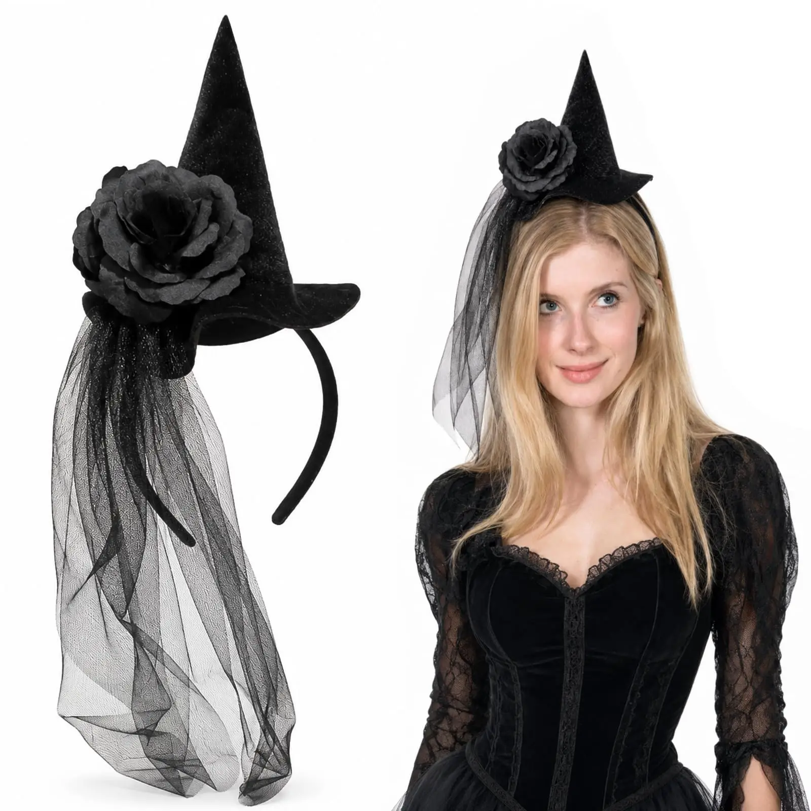 Witch Hat Headband with Two Black Flowers and Long Veil, Black Witches Hat Hair Hoop, Halloween Headbands for Women, Witch Costume Women Halloween Accessories