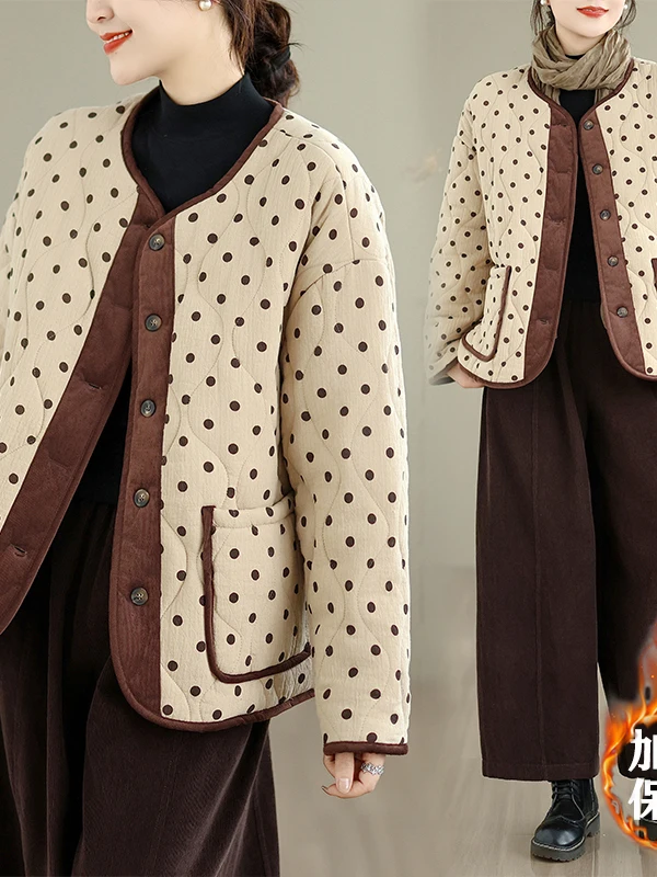 Retro Sle Dames Winter Katoen Jaet Ronde Ne Polka Dot Veelzijdige Jas Koreaanse Sle Pendelen Rechte Buis Lange Sve