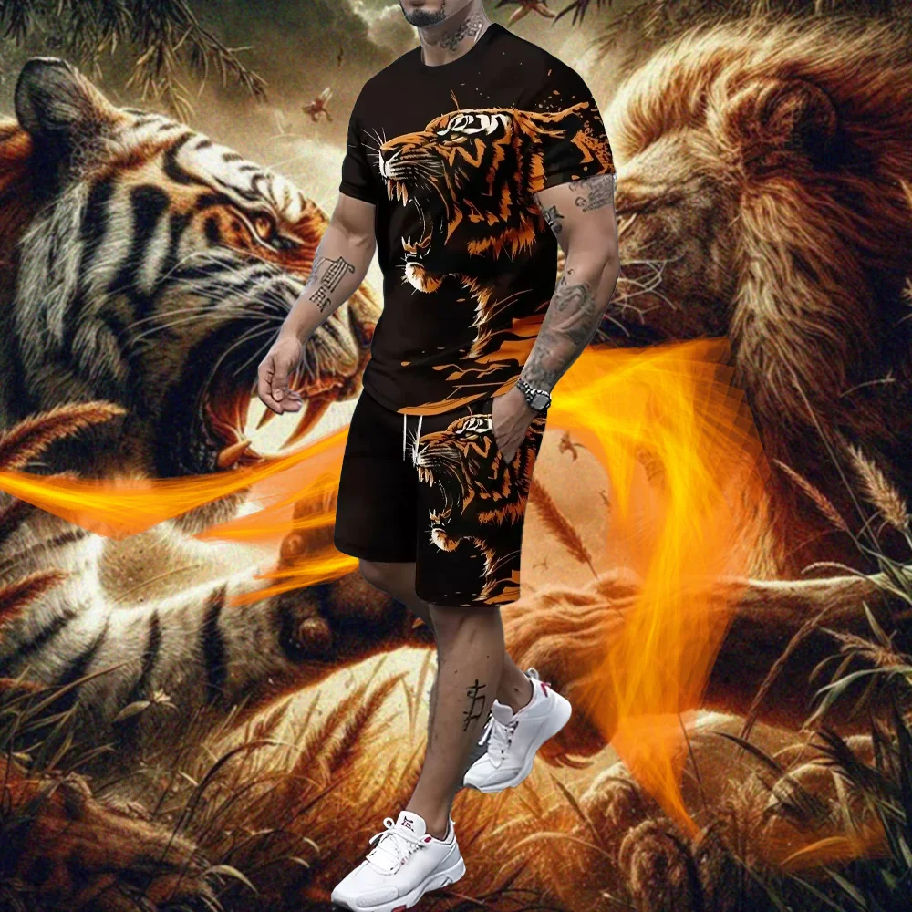 

Summer New 3d Tiger And Lion Print Men's Round Neck Short-Sleeved T-Shirt Shorts Suit 2-Piece Casual Street Fashion Suit