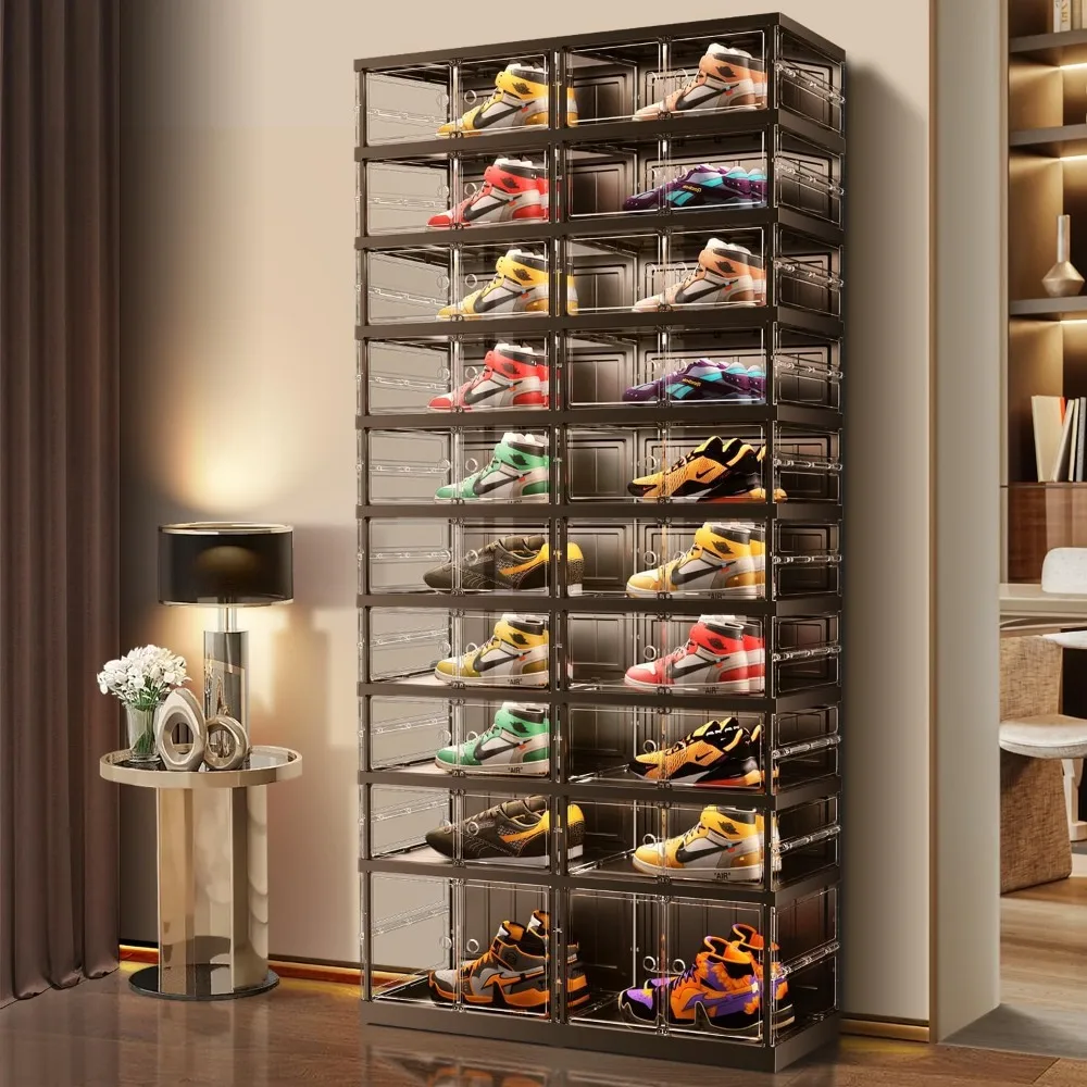 Foldable Shoe Boxes Large Plastic Storage Rack Collapsible Organizer for Closet Clear Stackable Shoes Shelf Cabinet with Doors