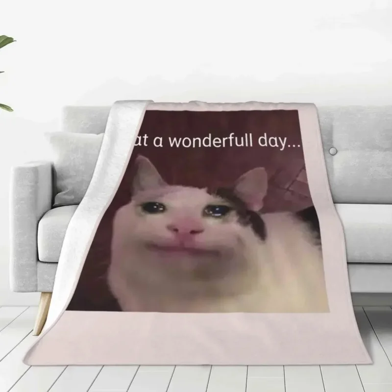 

Crying Cat Memes What A Wonderfull Day Wool Awesome Throw Blanket for Home Plush Thin Quilt