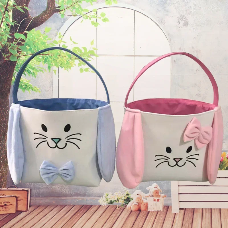 10pcs Wholesale Easter Basket Canvas Tote Bag with Rabbit Design Bowknot Cartoon Easter Bucket Candy Egg Party's Decoration