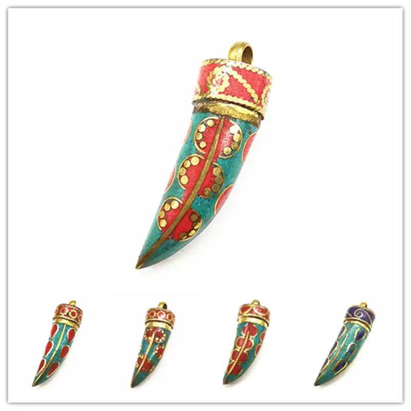 TBP013 Tibetan Fang Amulet Pendant Brass Inlaid Colorful Stone Teeth Pendants for Man