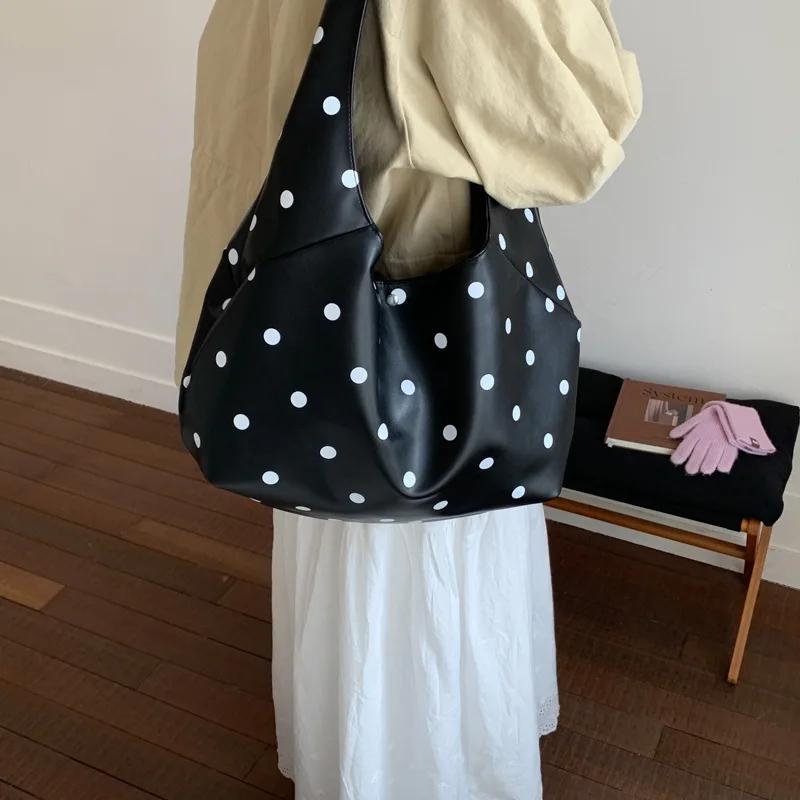 

Korean Polka Dot Large Capacity Tote Bag Soft PU Single Shoulder Handbags Daily Commuter Ladies Purse