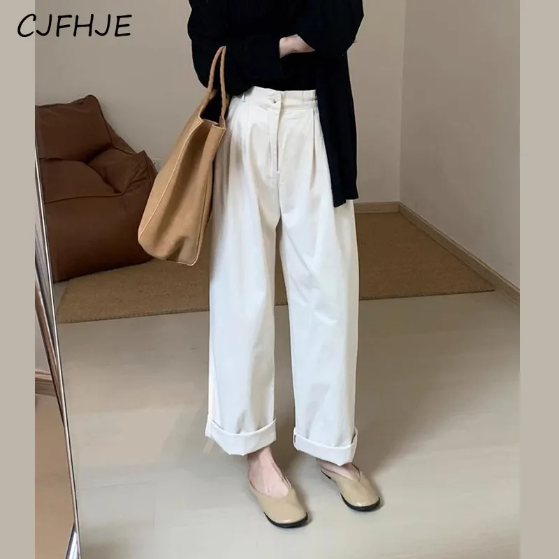 CJFHJE-Calça de perna larga monocromática feminina, casual clássica solta, cintura elástica, moda coreana, nova, outono