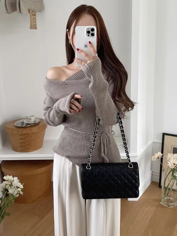 Suéter de Punto de Manga Larga con Cuello en V de Diseño Otoñal para Mujer, Top E y Deado con Hombros Descubiertos, ...