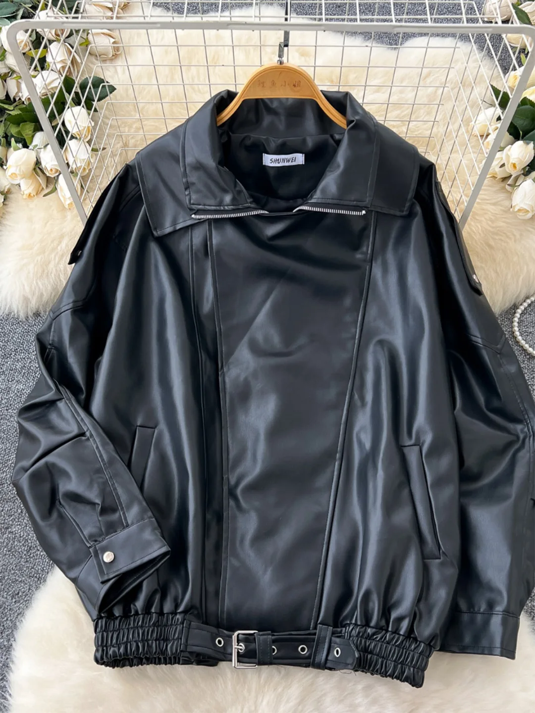 Chrysler hiver veste femme 2024 streetwear vestes surdimensionnées à manches longues zippées avec col à revers ceinture veste vintage en simili cuir synthétique polyuréthane