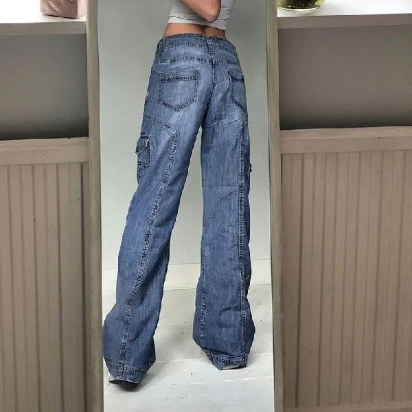 

Джинсы-карго с высокой талией, широкими штанинами, в стиле 90-х, винтажные, для женщин среднего возраста, больших размеров, с эластичными вставками из ПУ, Cleanfit Sle