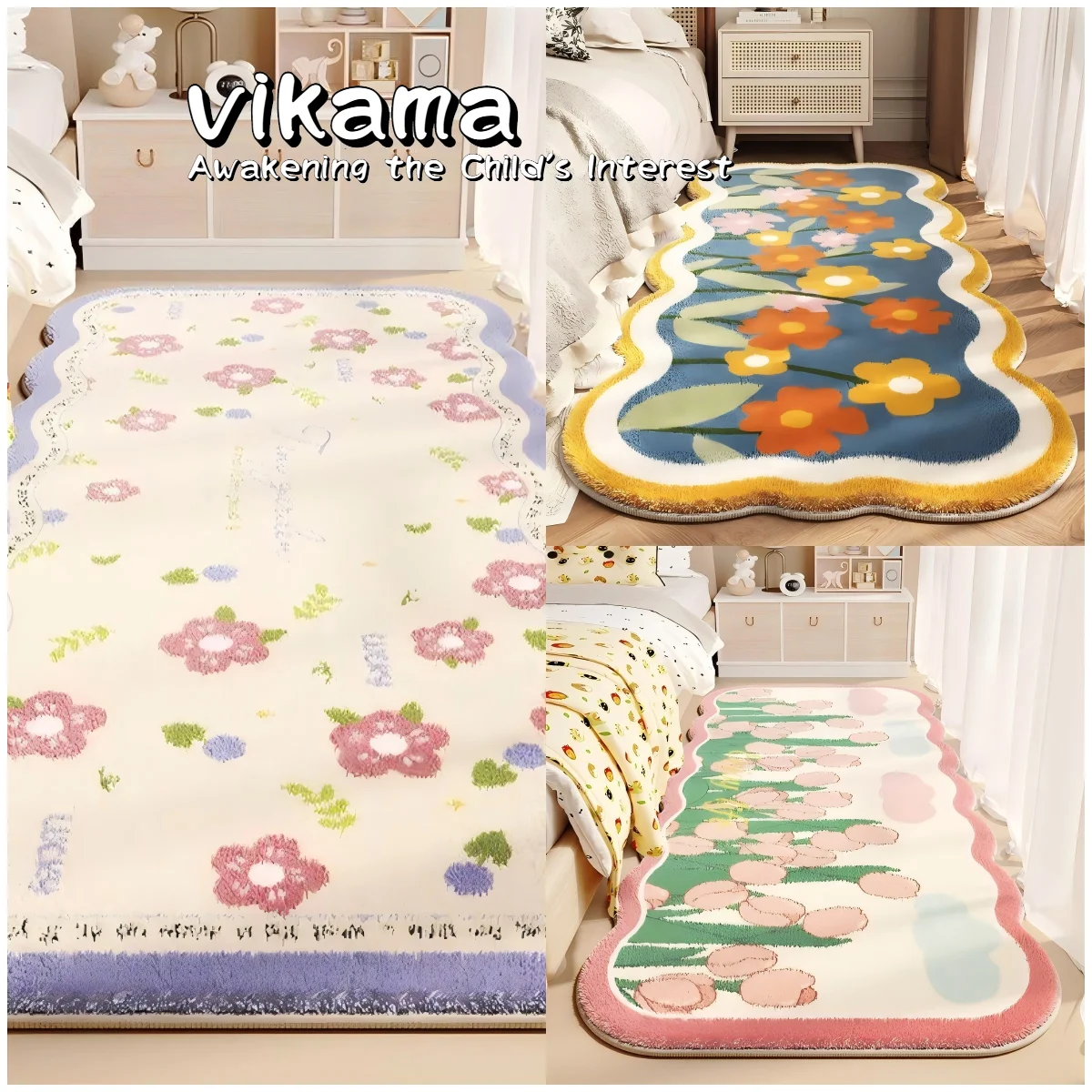 VIKAMA Cute Faux Cashmere Bedside Decorative Rug Bedroom Balcony Floral Style Cozy Carpet