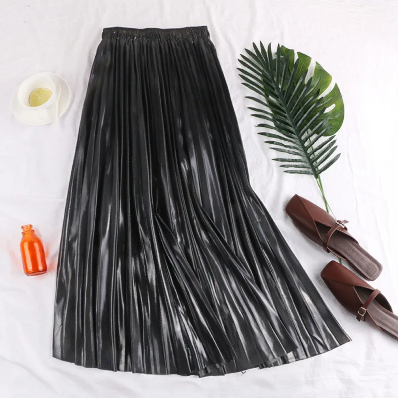 New In Spring Fall Korean Style Fashion Elegant Metallic Reflective A-line Pleated Skirt Female Office Lady Casual Midi Skirts