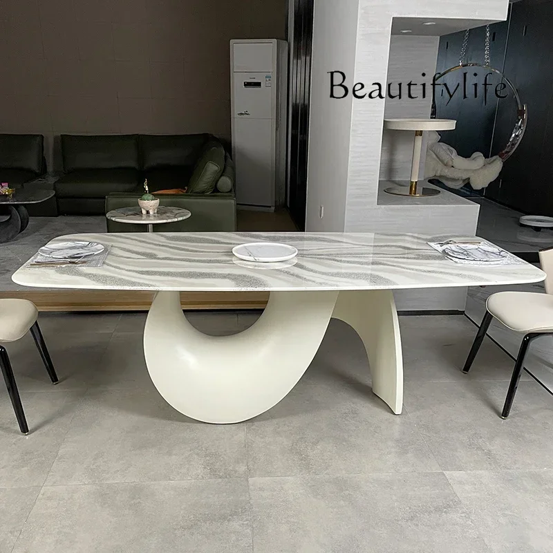 

Light Luxury High-End Natural Marble Dining-Table Dining Chair Designer Irregular Rectangular Dining Table