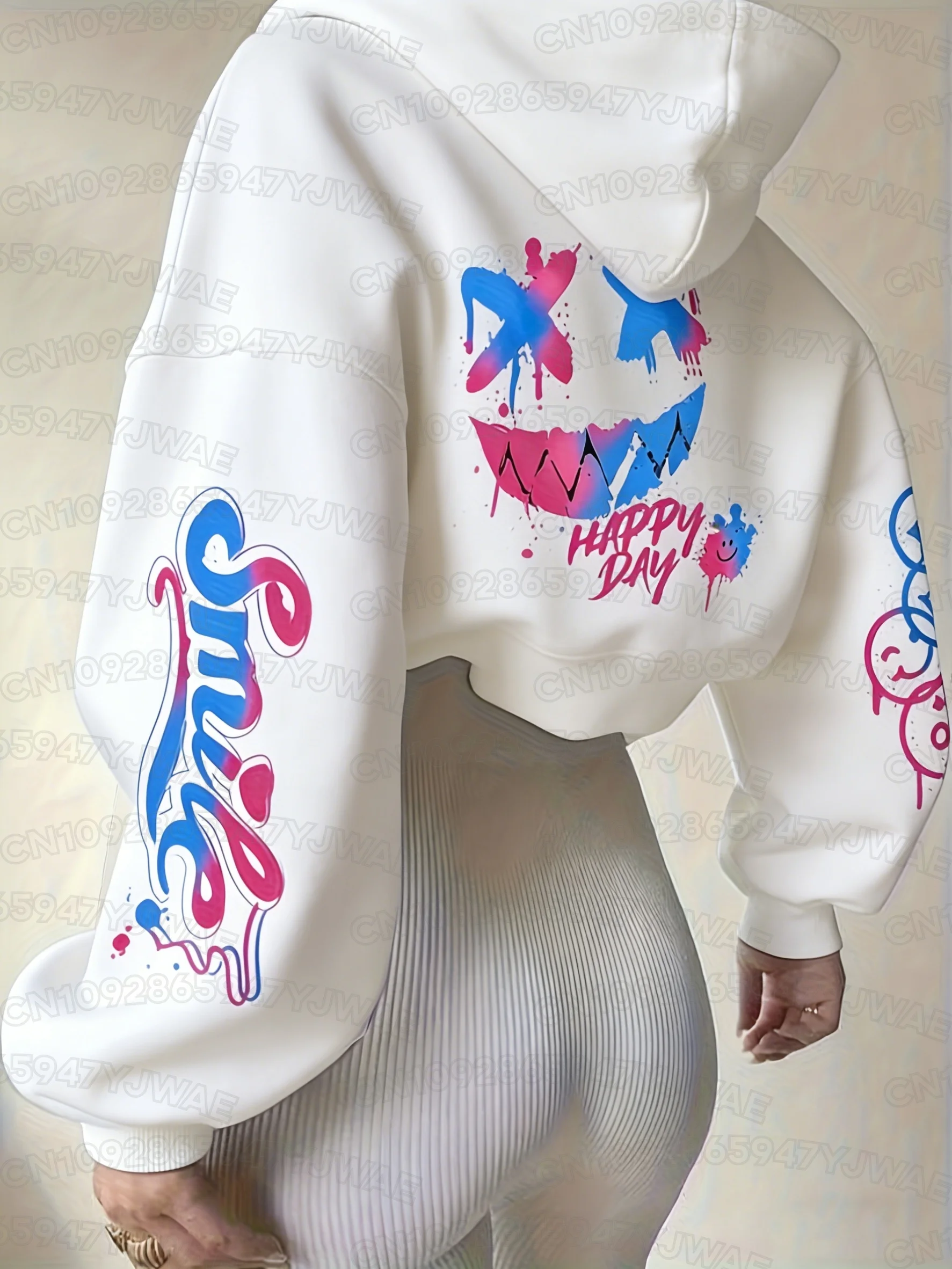 Herbst- und Winter-Sweatshirt für Damen mit leuchtendem Print - "HAPPY" & Herz-Motiv, langärmelige, leichte Kapuzenpullover – Detail 9
