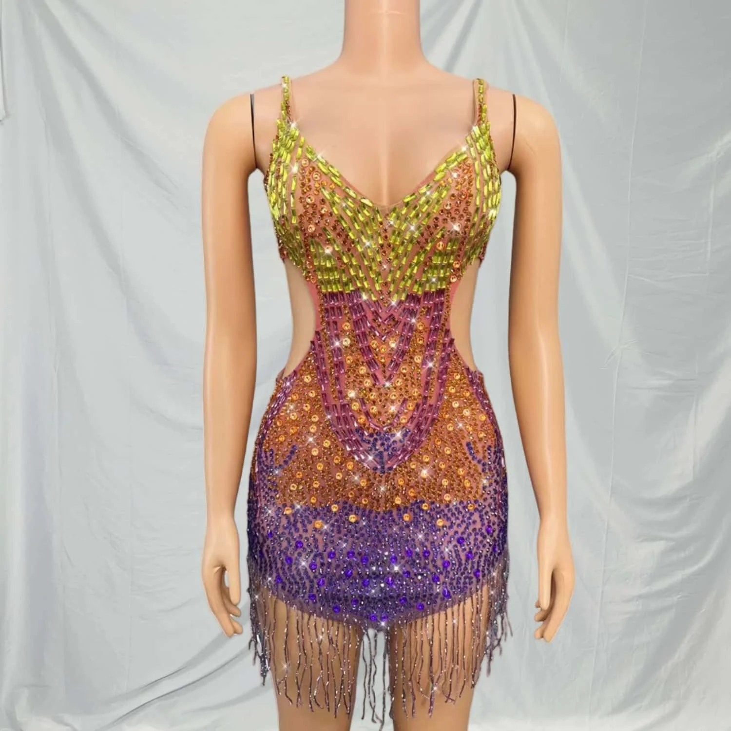 

Juziye Brand Designed Sexy V-neck Hollow Wasit Dress Twinkling Rhinestones Tassels Dress Women Party Show Fashion Stage Wear