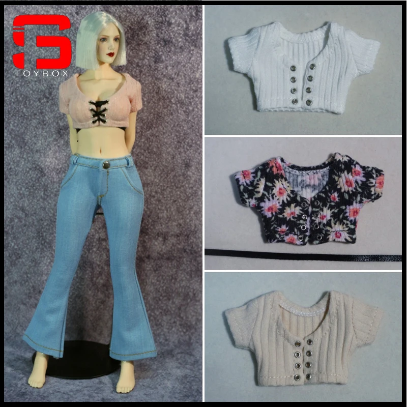 In Stock 1/6 Scale Female Knit T-shirt Cowboy Flared Pants Clothes Model Fit 12-inch Soldier Action Figure Body Dolls