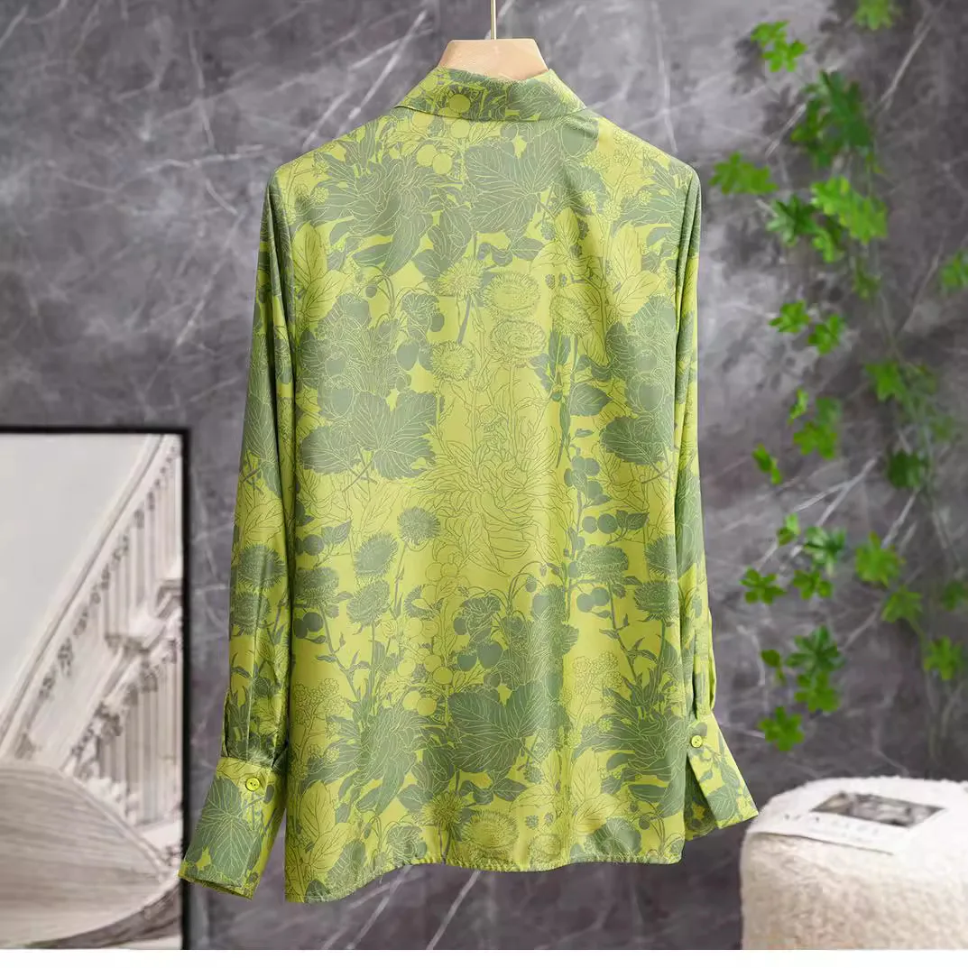 New Long Sleeve Twill Green Print Shirt Tops Women Blouse Fashion
