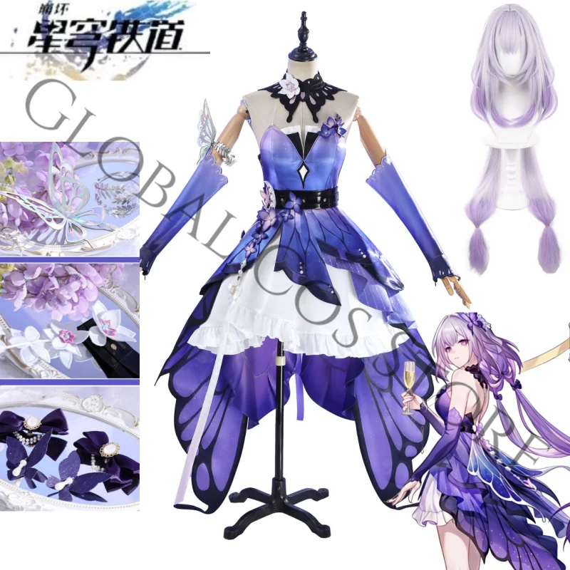 

Castorice New Cosplay Costume Purple Butterfly Dress Arm Sleeves Wig and Accessories Set Honkai Star Rail Halloween Comic Con\