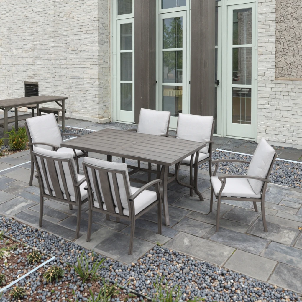 

Incredible 7-Piece Outdoor Dining Set Gray Aluminum Patio Table & Chairs with Cushions for Courtyard Hospital Hotel School Use