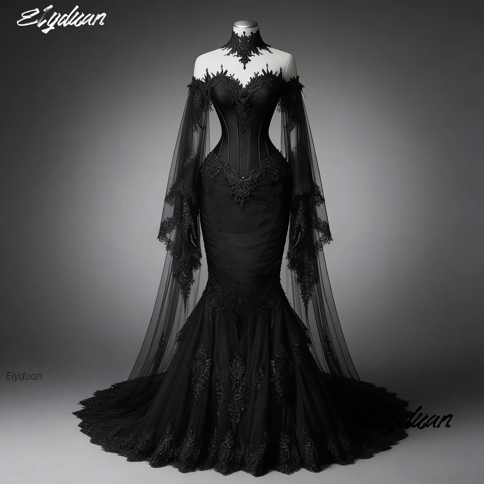 Vampirisches schwarzes Gothic-Hochzeitskleid mit langen Ärmeln, schulterfrei, Vintage-Brautkleid mit Spitzenapplikationen, Halloween-Kostüm, individuell gestaltet