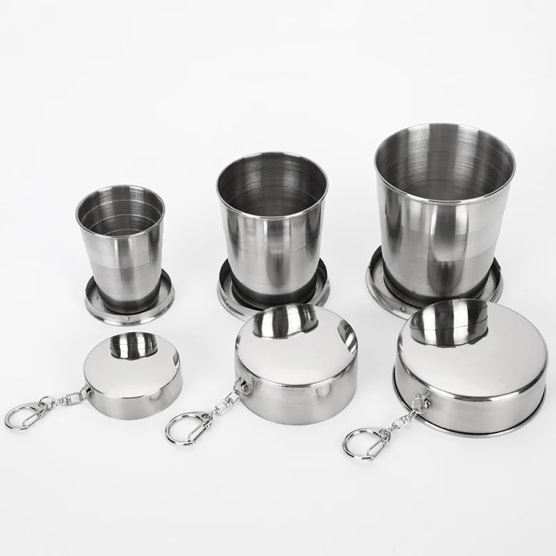 Stainless Steel Folding Cup Portable Water Drinking Cup Retractable Telescopic Collapsible Cups For Outdoor Travel With Keychain