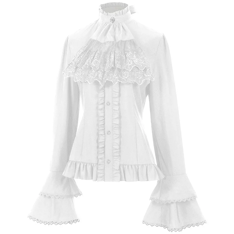 Medieval Renaissance Court Style Trumpet Long-sleeved Top Women Gothic Shirts French Lace Ruffled Blouse Carnival Party Dress Up