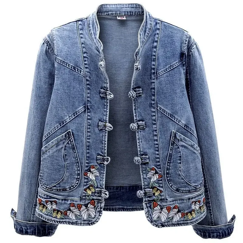 Retro Chinese Style Embroidered Stretch Slim Denim Jacket, Women's Spring and Autumn New Fashion Stand-up Collar Denim Jacket