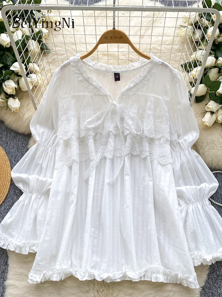 

Beiyingni French Sweet Women Flare Sleeve Shirts 2025 Autumn Loose Loose V-neck White Blusas Female Lace-up Elegant Blouses Tops