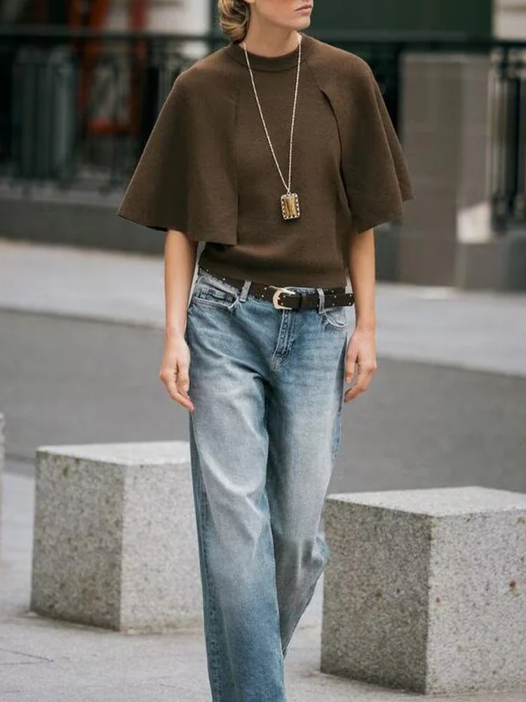 

Осенний новый модный женский свободный повседневный темпераментный простой свитер с круглым вырезом и многослойными рукавами в европейском и американском стиле