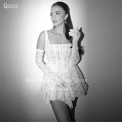 Qanz Chic Lace Robes De Mariée Spaghetti Straps Short A Line Appliques Wedding Dress No Gloves Corset Back Vestidos De Noivas