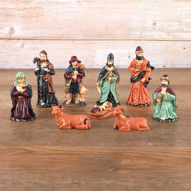 Small Christmas Nativity Figurines 9X Hand-Painted Nativity Figurines Resin Religious Figurines For Living Room Church Home