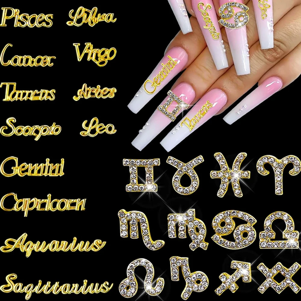 24 Pieces Gold Alloy Zodiac Nail Charms 12pcs Zodiac Signs Nail Studs 12pcs Constellation Words Nail Charms Twelve Constellation
