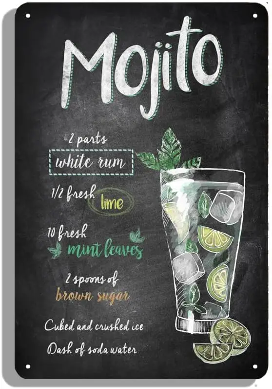 Vintage Drinks And Cocktails Mojito Tin SignVintage Chalkboard Drawing Bar Poster Spoof Wall Decor For Bar Cafekitchen, Bathroom