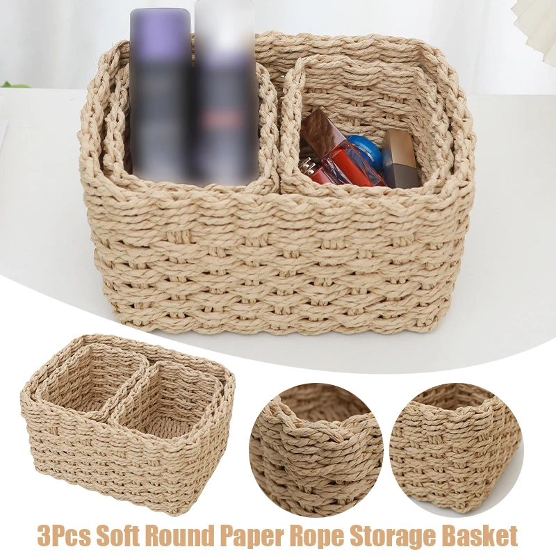 

3pcs Paper Rope Storage Baskets Handmade Woven Organizer Basket for Bedroom Bathroom Desktop Home Organization