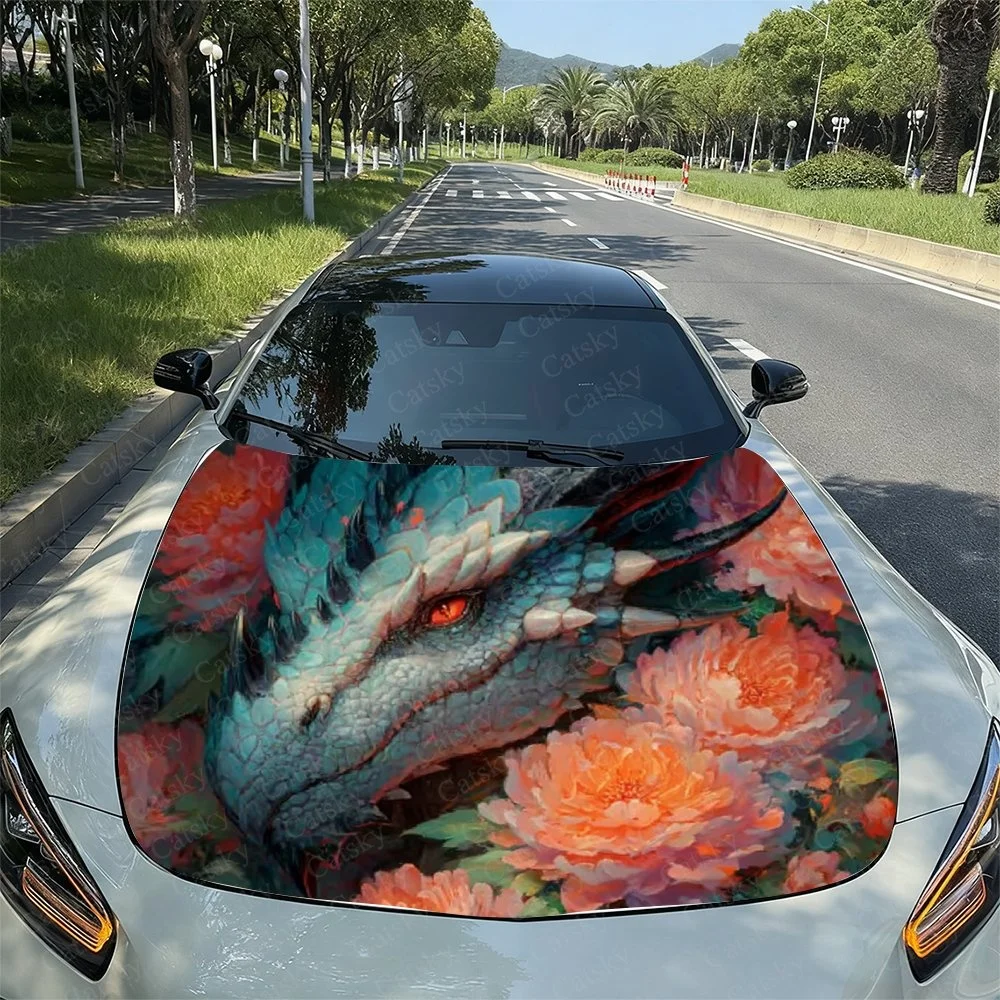 Flame Dragon Flower Car Hood Sticker PVC Self Waterproof Stick, Striking Auto Exterior Accessories Decor Protect Gift for Lover