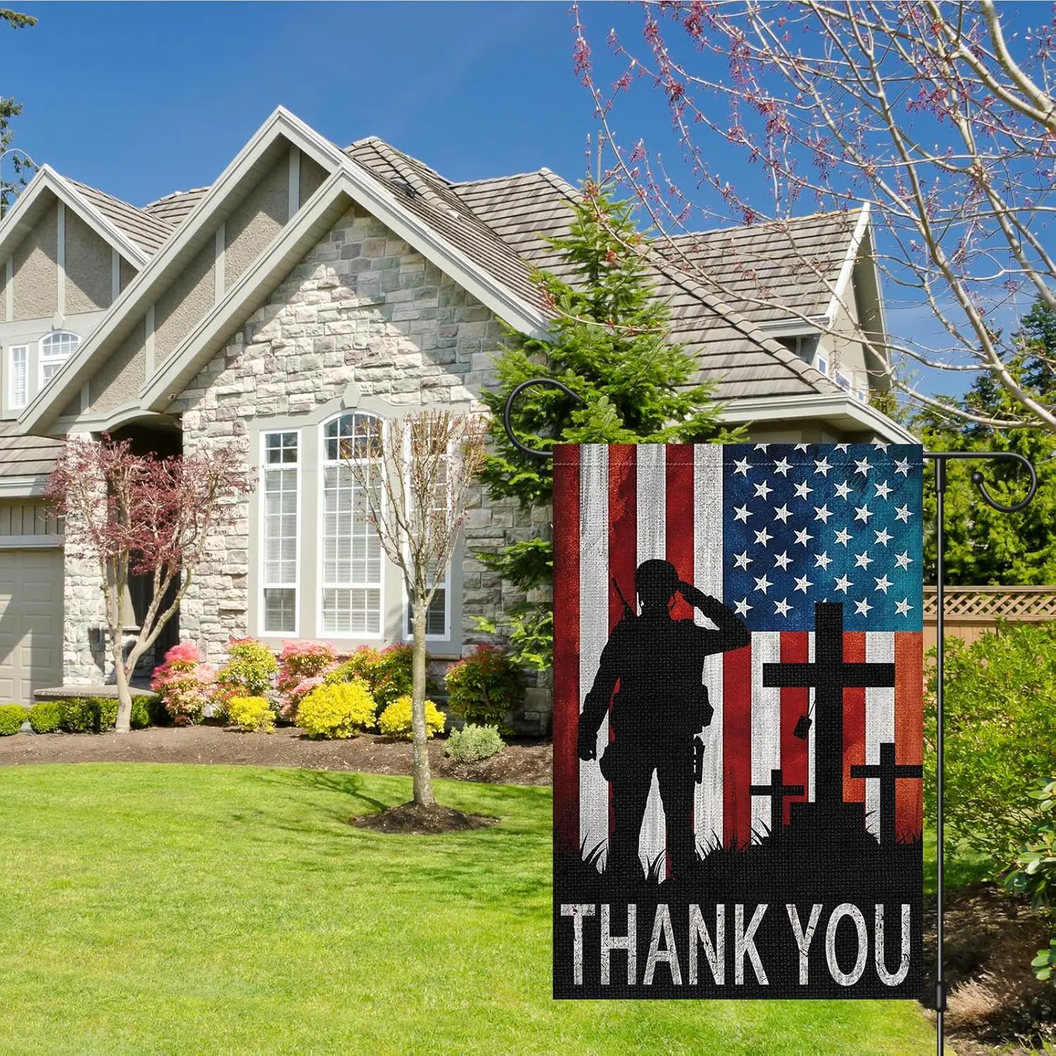 Memorial Day Garden Flag 12x18 Inch Double Sided Burlap American Soldier Cross Thank You Patrioctic Flag 4th of July Outside Yar