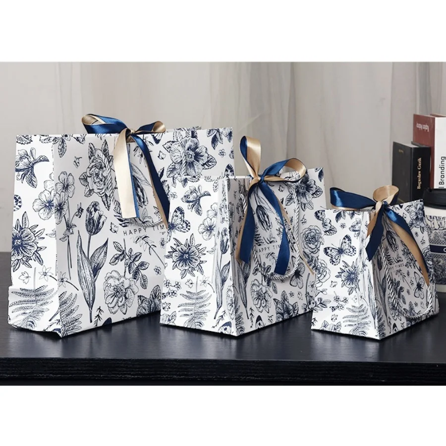 3pcs gift packaging bags vintage blue white paper bags gift bags handbag packaging bags