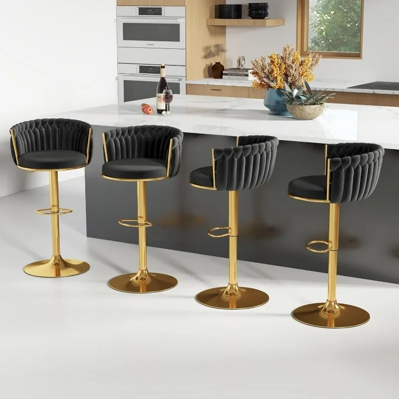 

Gold Bar Stool Set of 4, Velvet Swivel Barstools, Height Adjustable Counter Stools with Woven Backrest, Upholstered Modern