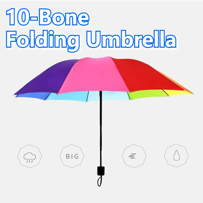 Fashion Rainbow Automatic Umbrella Three Fold Wind Resistant Long Handle Folding Straight Umbrella for Rain Sun Protection