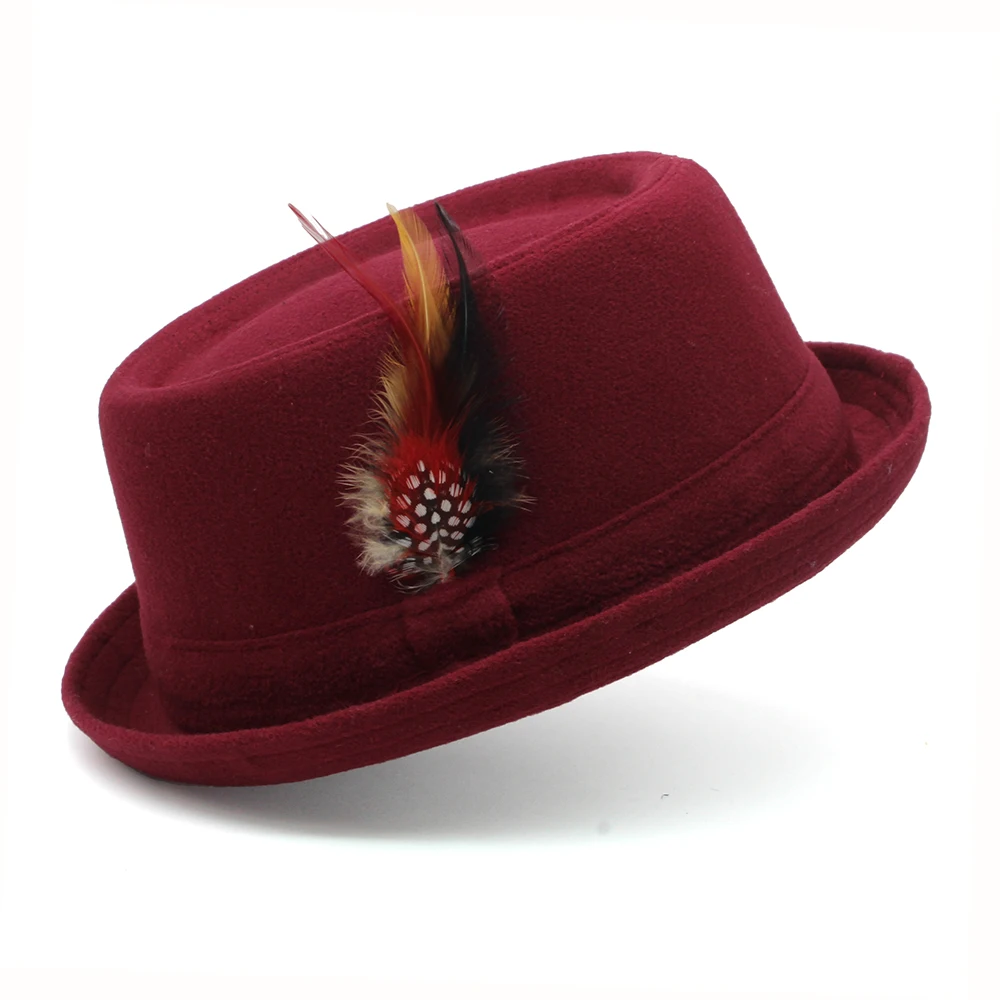 Men Women Woolen Wool Blend Feather Band Pork Pie Hats Fedora Trilby Sunhat Street Style Classical Cap Travel Size US 7 3/8 UK L