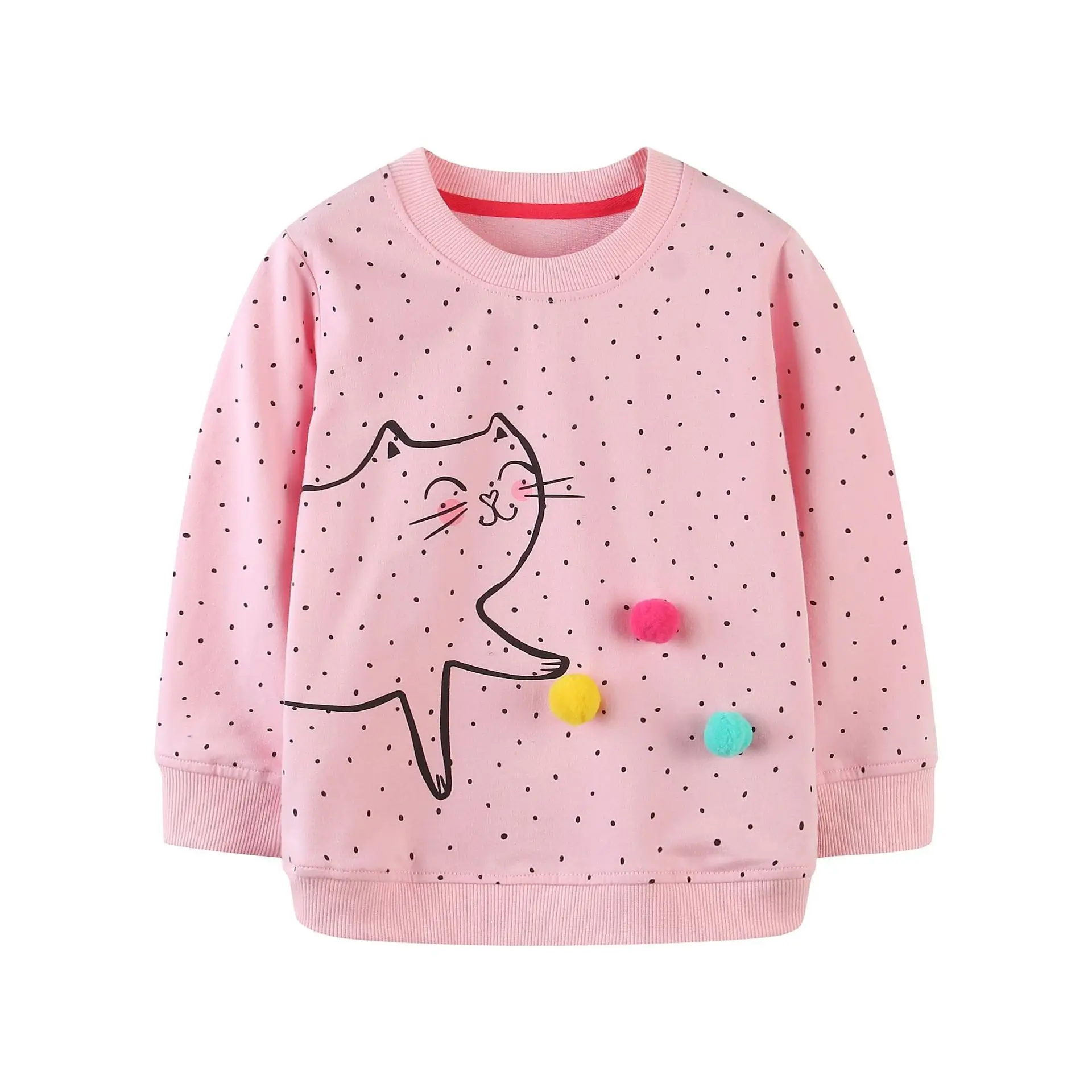 2-7T Girls Sweatshirts 100% Cotton Pullover Tops Dot Cat Pom Pom Decor Long Sleeve Hoodies Crew Neck Kids Sweatshirt