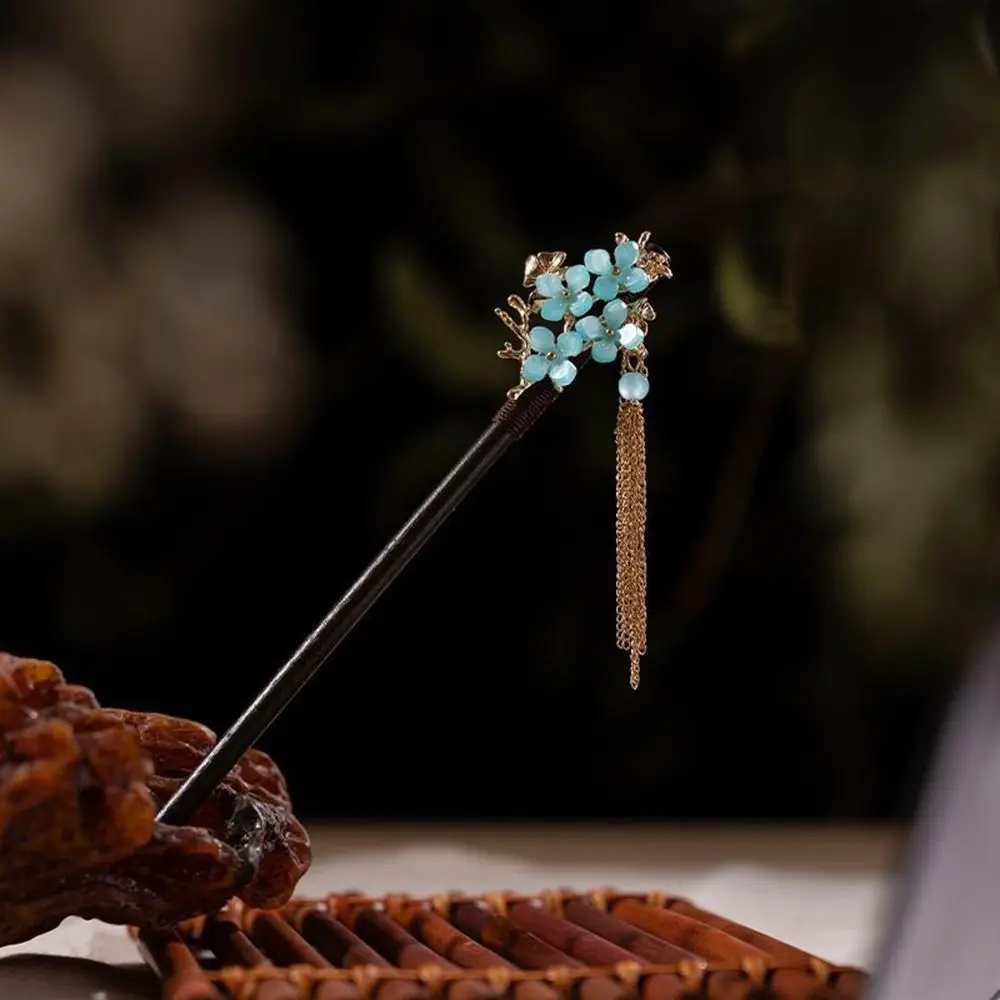 Hanfu Hair Clasp Tassel Imitation Jade For Ladies Hair Accessories Flower Hair Sticks Chinese Style Hairpin Wooden Hair Fork