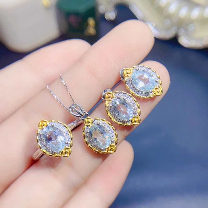 Natural Aquamarine jewelry sets for women rings earrings pendant silver 925 luxury gem stones 18k gold plated free shiping items