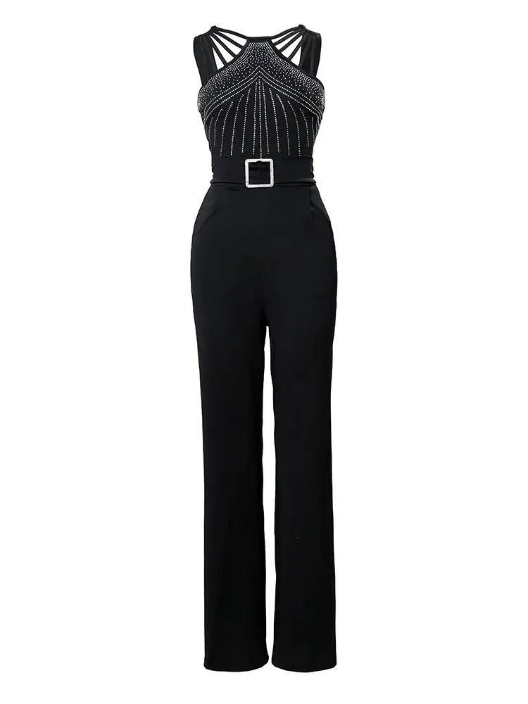 Sommer-Overalls für Damen, 2024, neue Mode, Büro-Einteiler, schwarz, mit mehreren Riemen, ärmellos, Strass, Bootcut-Overall, Overalls